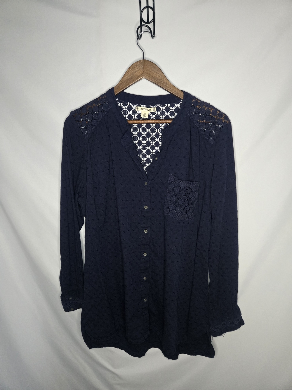 Ruff Hewn Navy Lace‑Trim Button‑Down Blouse – Size XL